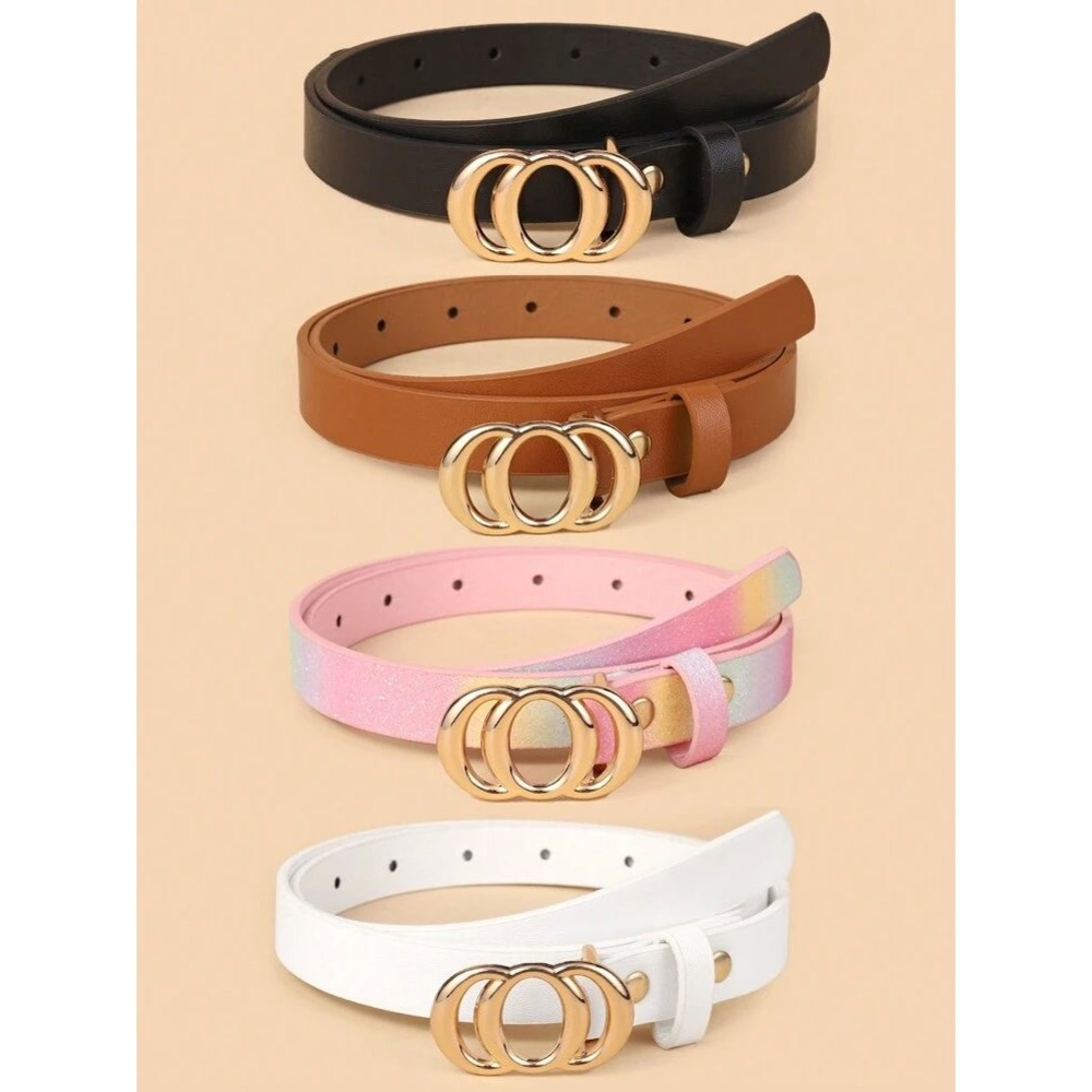 Kids Skinny Belt Set 4 Pack Gold Double Ring Buckle Black Brown White Pink Ombre